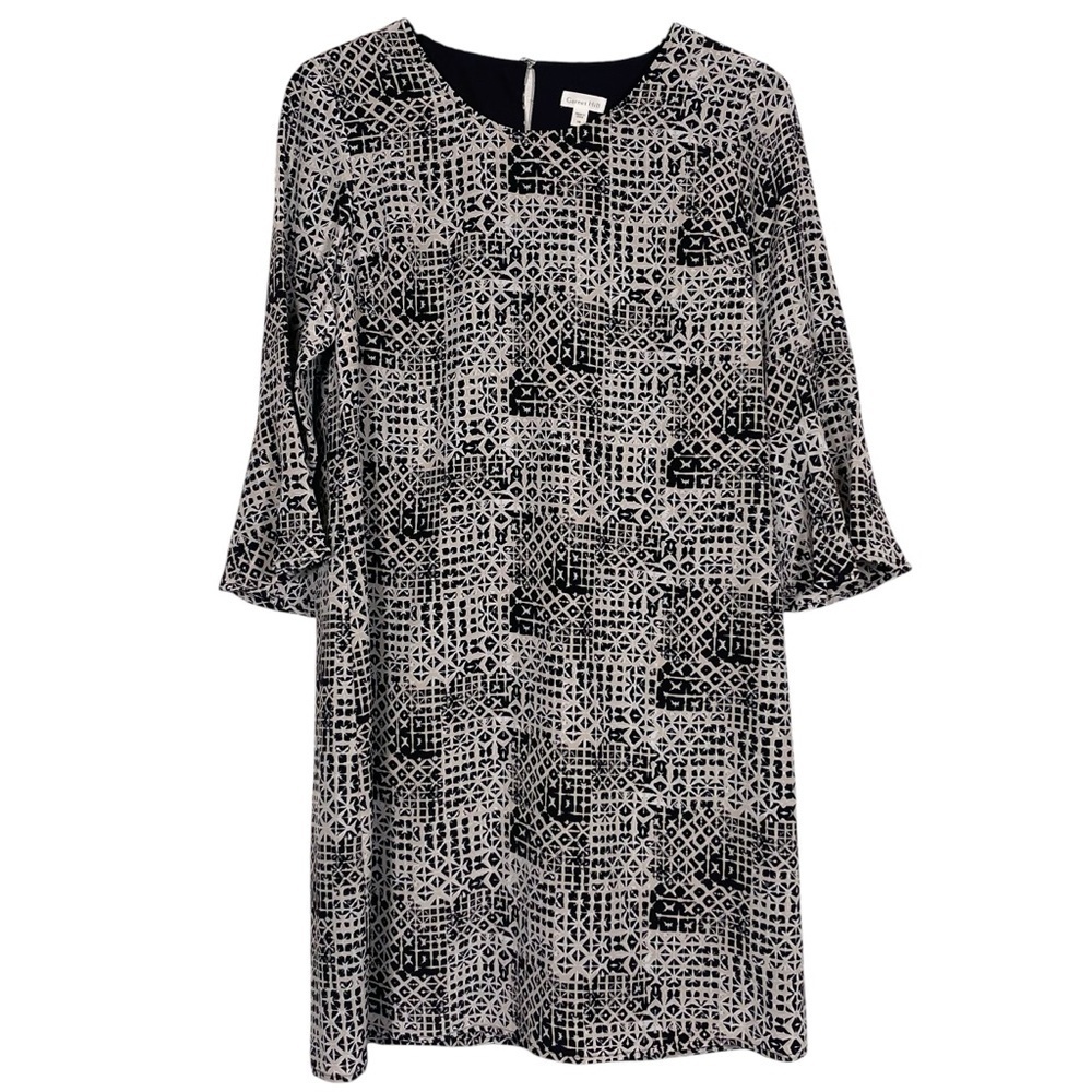 Garnet Hill 100% Silk Geometric Print 3/4 Bell Sleeve Shift Dress Size 6